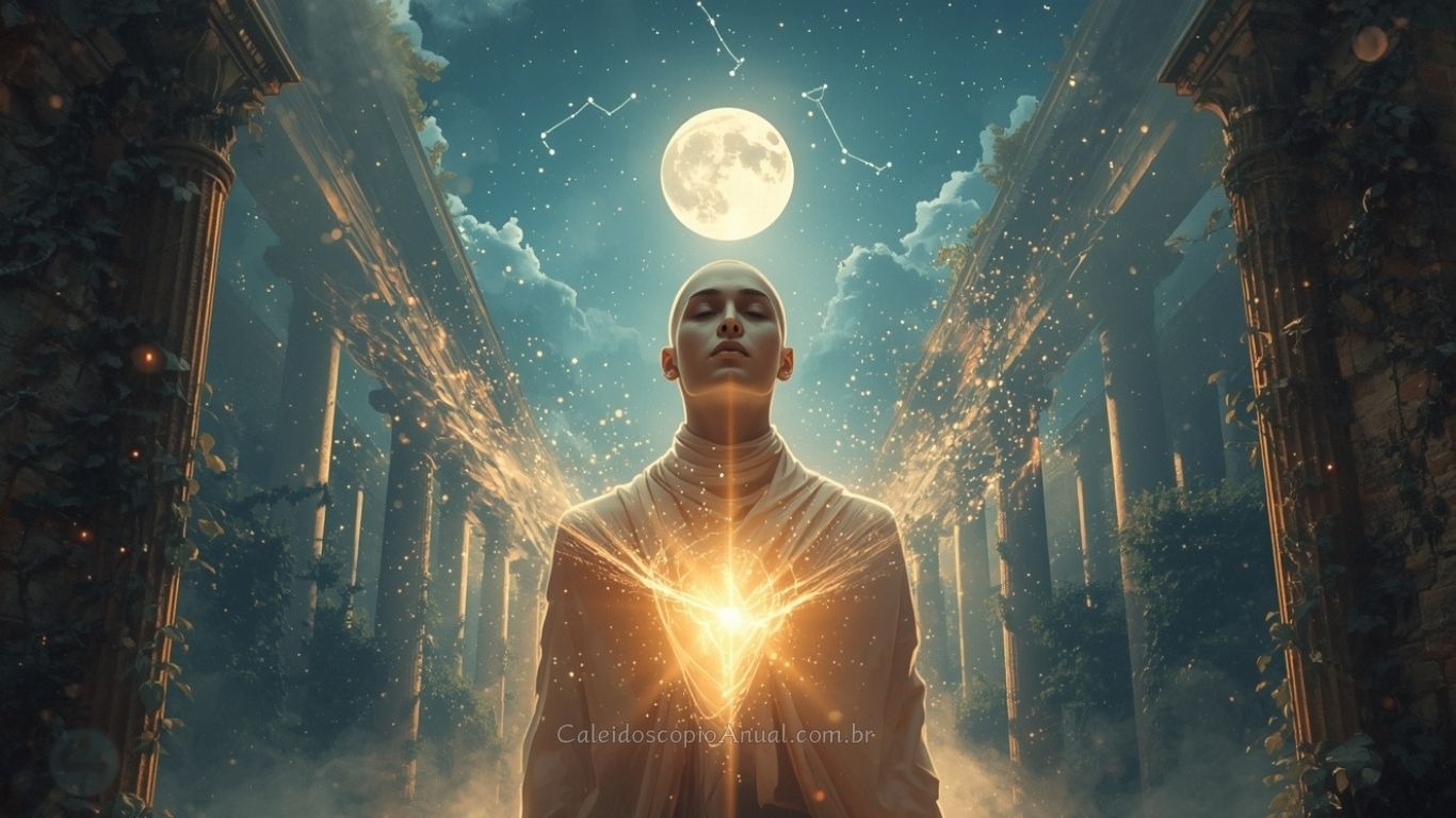 Jovem com bela luz saindo do chakra cardíaco com a Lua Cheia iluminado um local com várias colunas romanas