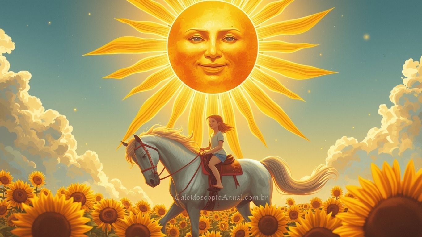 Sol com rosto iluminando uma criança montando um cavalo branco em um campo de girassol