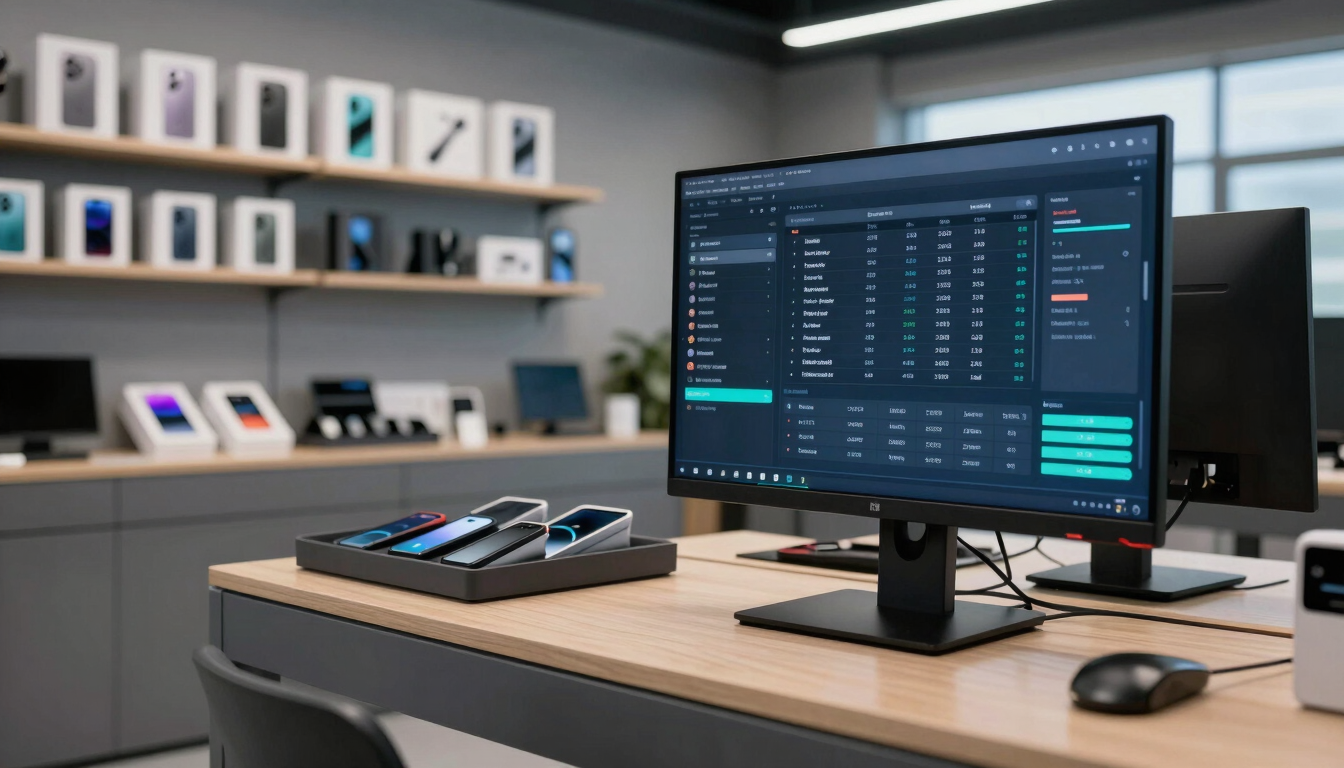 Panoramic wide-angle view of a mobile retail shop interior, a large monitor on the service counter displaying a full dark-mode operations dashboard with repair job queue, inventory levels, and daily sales figures, organised accessory trays and boxed handsets on shelves behind, cool-toned ambient indoor lighting, no people, crisp high-contrast UI visible on screen