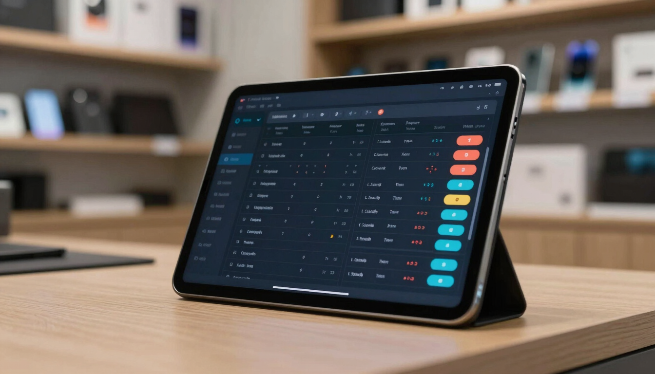 Wide close shot of a tablet propped on a mobile phone shop counter displaying a dark-mode dashboard interface with inventory rows and repair job statuses, cool ambient indoor lighting, organised device boxes visible in background shelving