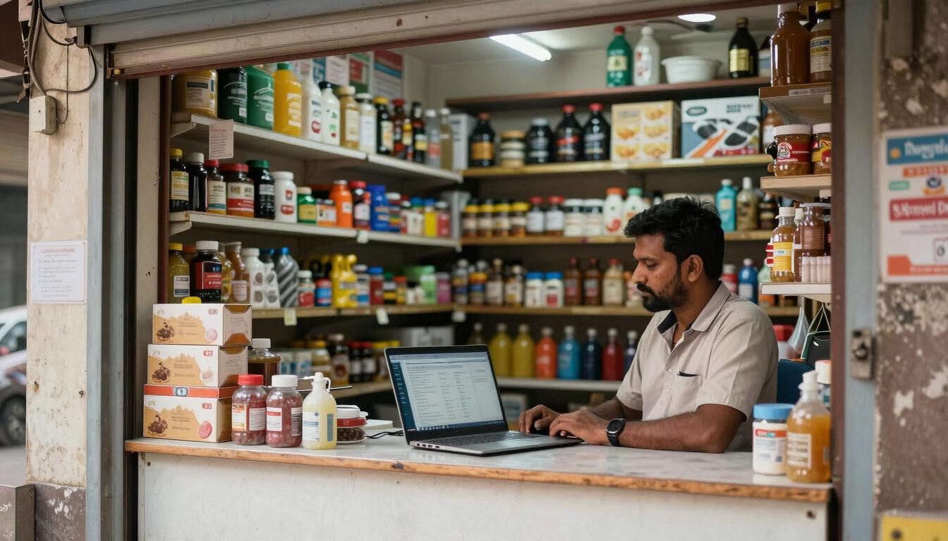 Wide environmental shot inside a small Indian retail shop at opening time, a seller seated behind the counter with a laptop showing a clean product-listing dashboard, natural daylight from the shop entrance, shelves of inventory visible in the background, shot as business documentation not lifestyle photography