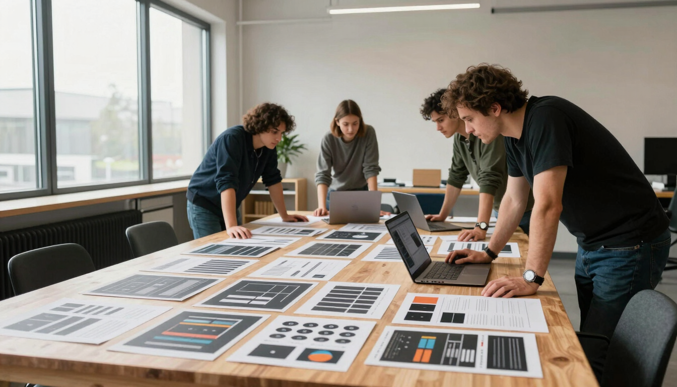 Wide panoramic environmental photograph of a collaborative agency studio — three team members leaning over a large light-wood table covered in printed brand assets, website wireframes, and open laptops showing live design files, bright even daylight from floor-to-ceiling windows on the left, warm neutral interior, shot from the far end of the room to capture the full table and the working environment behind it, no posed expressions, authentic mid-task moment