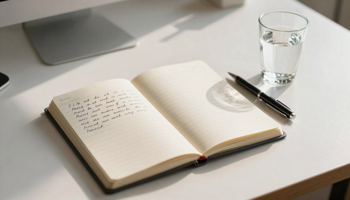 Wide shot of a calm, ordered desk from above — open notebook with handwritten notes, a glass of water, a pen resting beside it, morning north-facing light streaming across the surface, no clutter