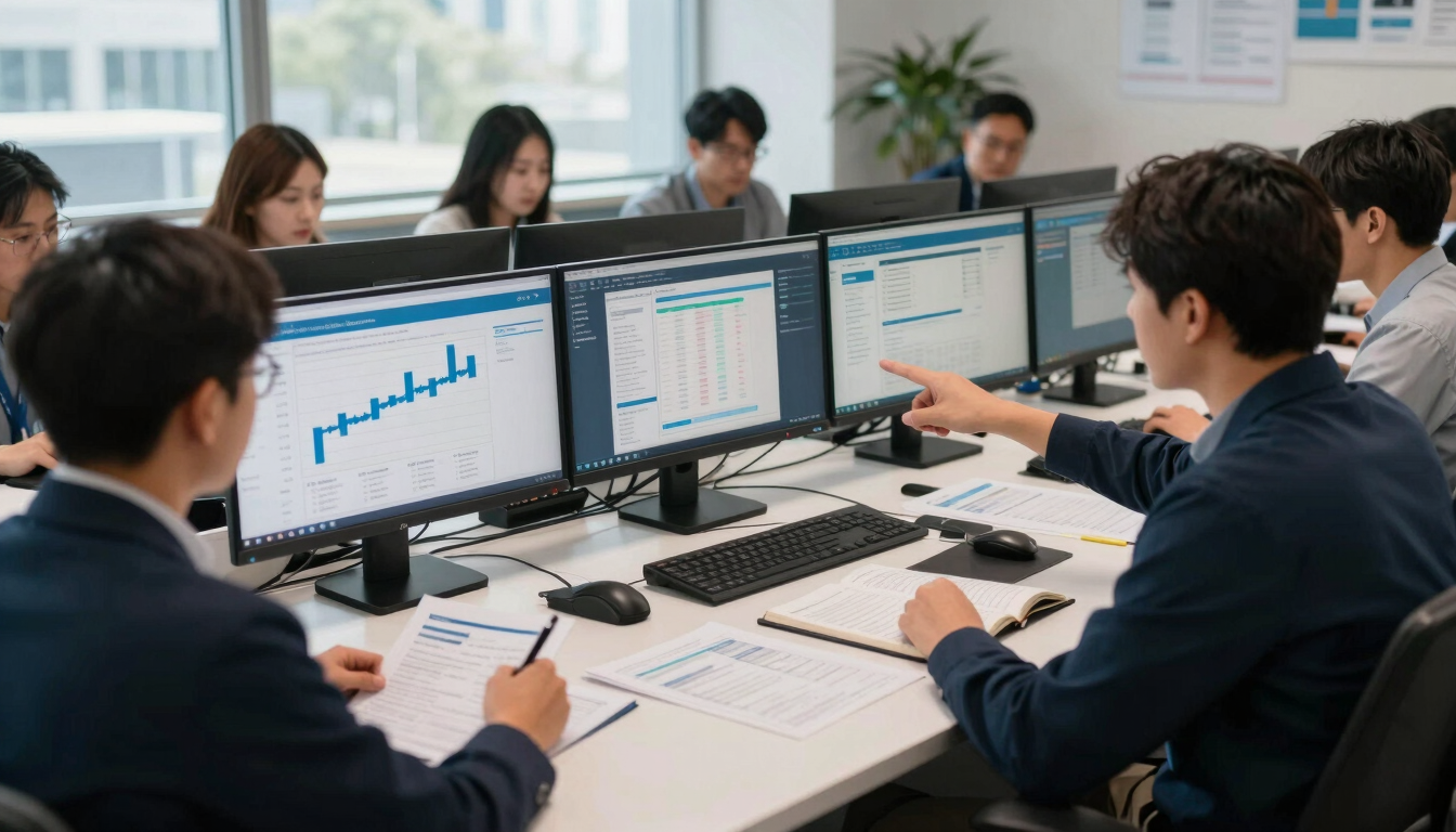 Wide panoramic view of an operations team at a long desk reviewing Salesforce reports on multiple monitors under natural office daylight, papers and notebooks spread across the surface, one person pointing at a pipeline metric on screen