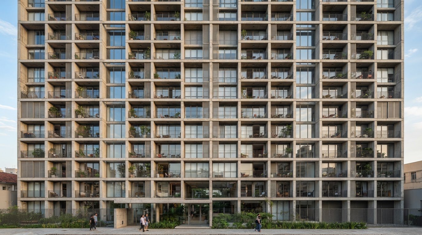 Bright architectural photography of a modern concrete and glass apartment building facade in São Paulo, soft natural daylight, straight perspective, clean lines.