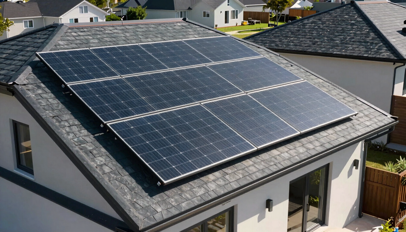 Crisp architectural elevation of a modern suburban home with a sleek, flush-mounted monocrystalline solar array on a slate roof, bright direct midday sunlight casting sharp shadows.