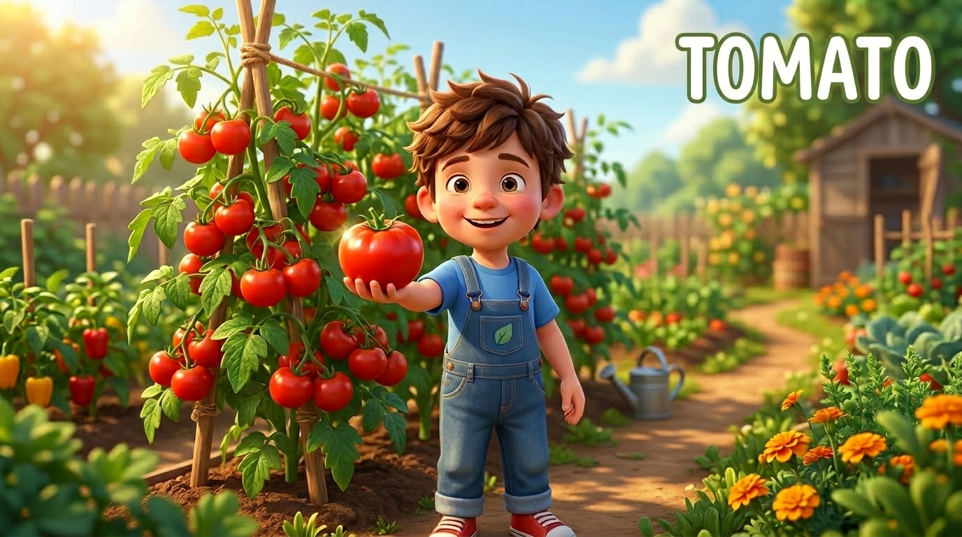 A young boy in overalls holding a ripe red tomato in a sunny vegetable garden with tomato plants.