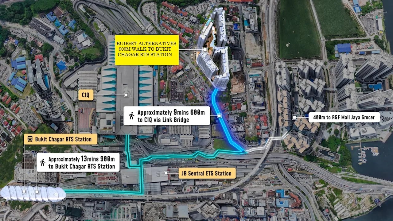 Aerial view of RTS Bukit Chagar station showing properties within 900m walking distance in Johor Bahru