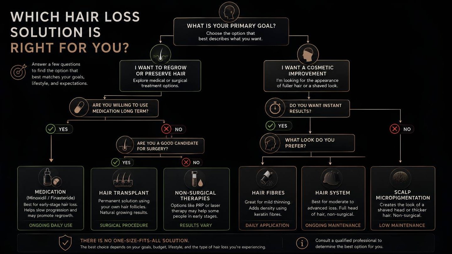 A hair loss solution flowchart comparing medication, hair transplant, non-surgical therapies, hair fibers, hair systems, and
