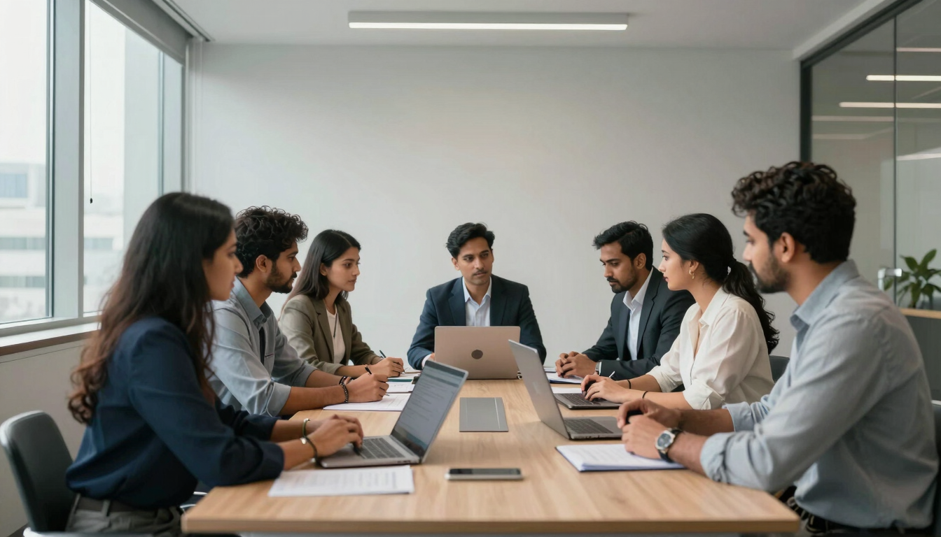 Wide panoramic shot of a modern Indian office meeting room, a small team of diverse professionals collaborating around a table, documents and laptops visible, daylight from windows to the left, calm professional atmosphere