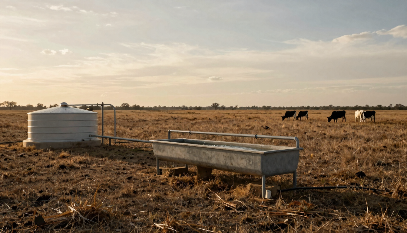 Wide environmental shot looking across a managed Texas pasture, a water trough and stock tank infrastructure in the middle ground, cattle grazing at distance on the right, overcast golden-hour light low on the horizon, desaturated warm earth tones, utilitarian framing showing land condition and water system
