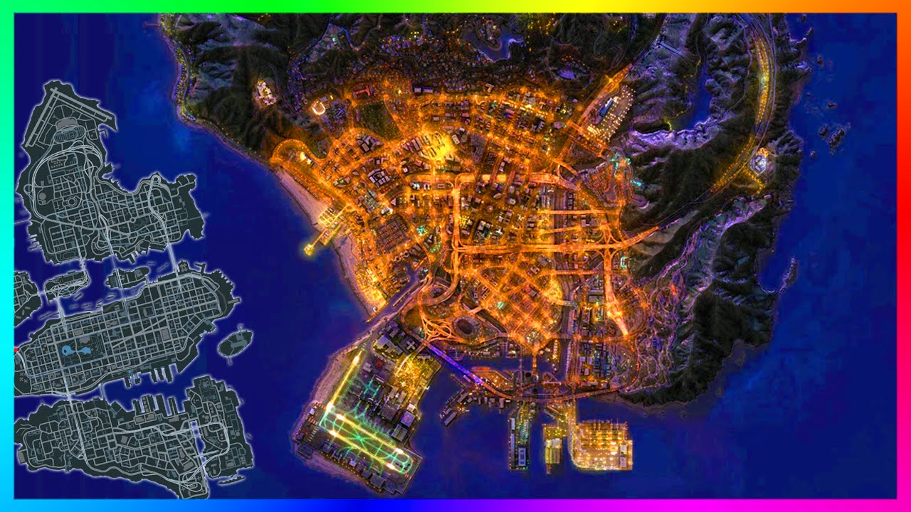 GTA 6 map comparison showing city lights at night versus the GTA 4 Liberty City layout.