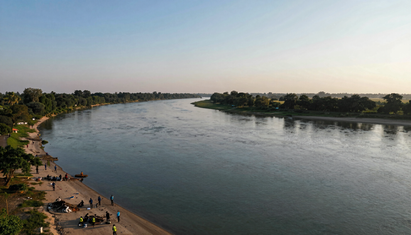 Panoramic aerial view of the Narmada river bend at golden hour, volunteer teams visible on the near bank clearing debris, distant forest on the far bank, wide cinematic frame with the river occupying the center third and sky filling the upper half