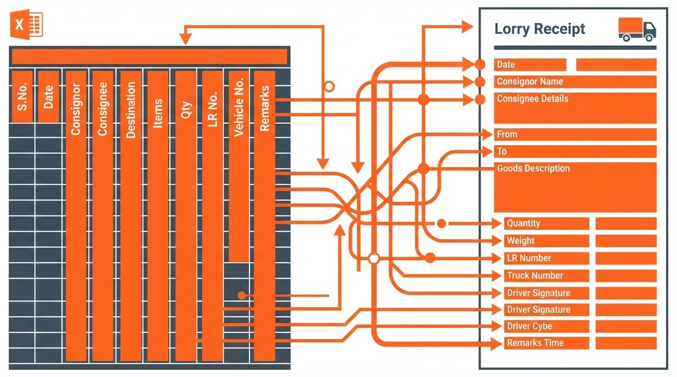 Clean flat vector illustration of an Excel sheet mapping columns to a standardized Lorry Receipt, high-contrast technical diagram in safety orange and dark slate gray.