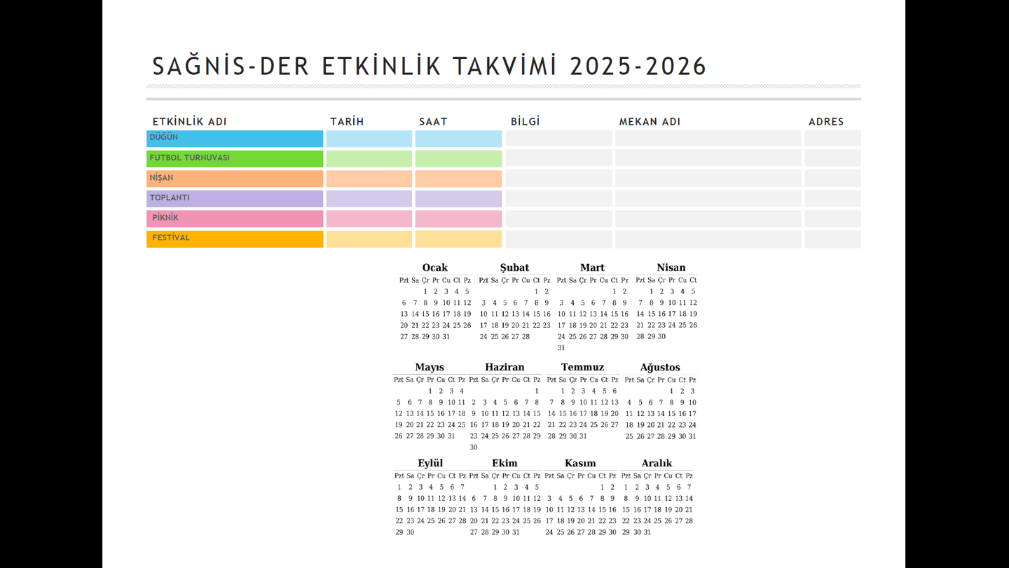 Sağnisder Etkinlik Takvimi