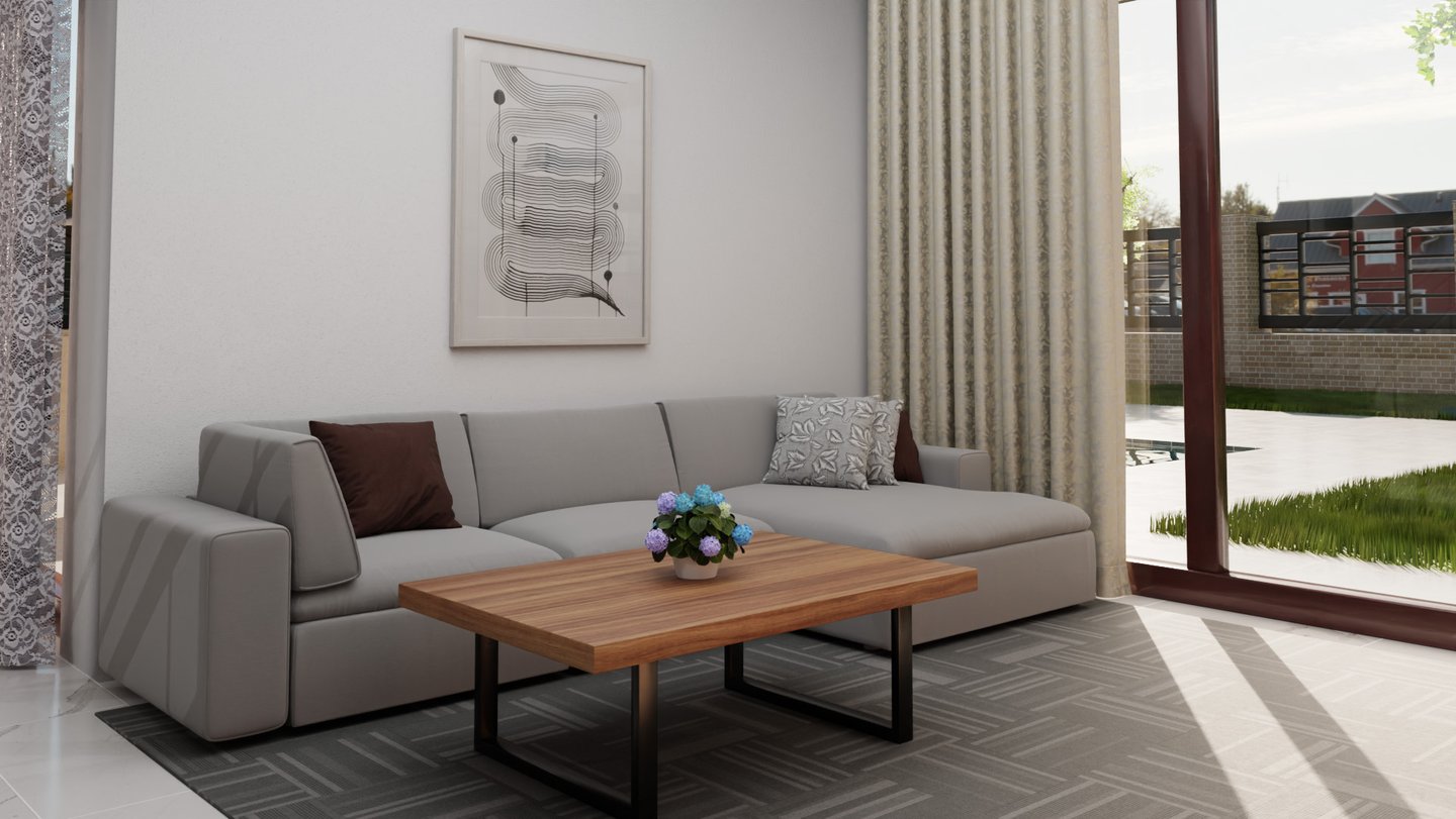 a living room with a couch and a table