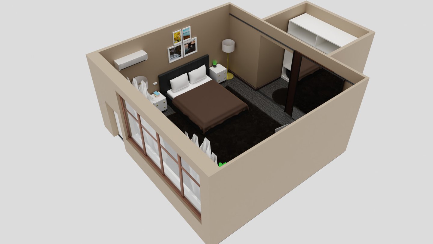 a small apartment with a bed and a couch visualized from outside