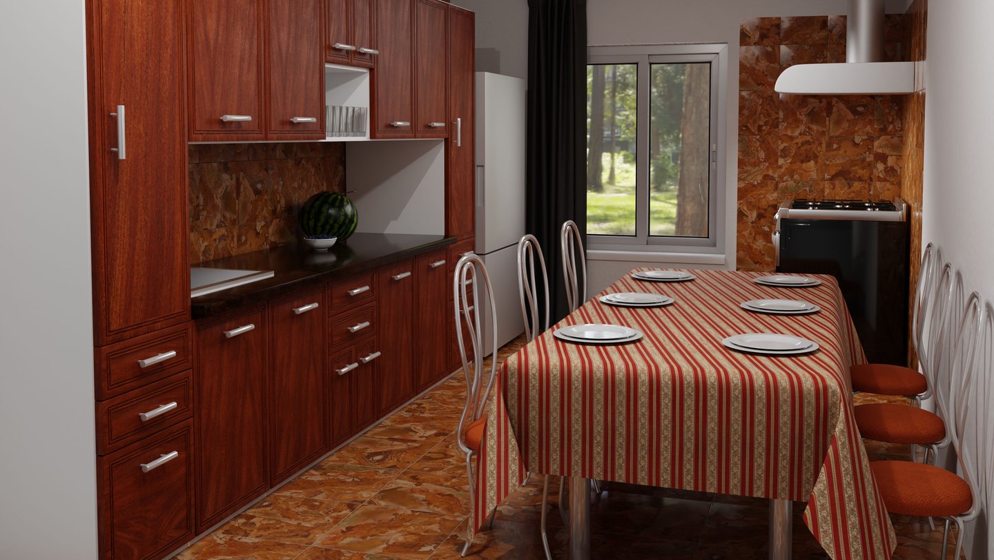 a kitchen with a table and chairs and a table