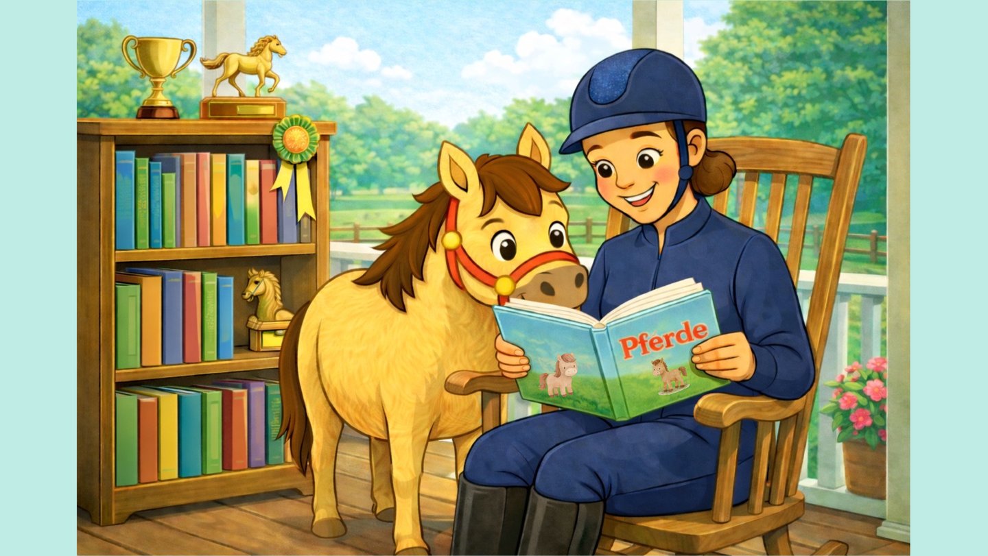 Cartoon Illustration von Pancake und der Ponytante beim lesen von Pferdebüchern