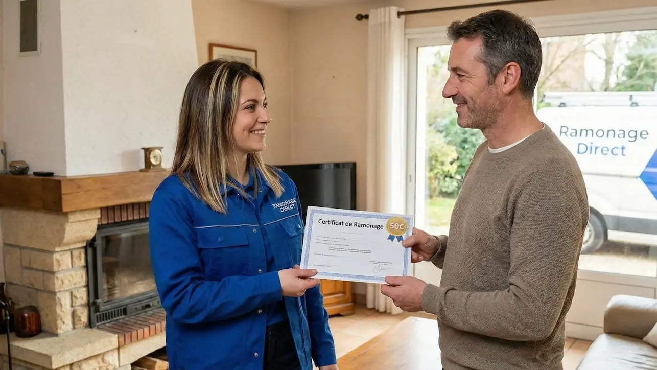 Femme ramoneur remettant le certificat de ramonage 50€ au client à Nantes Loire-Atlantique