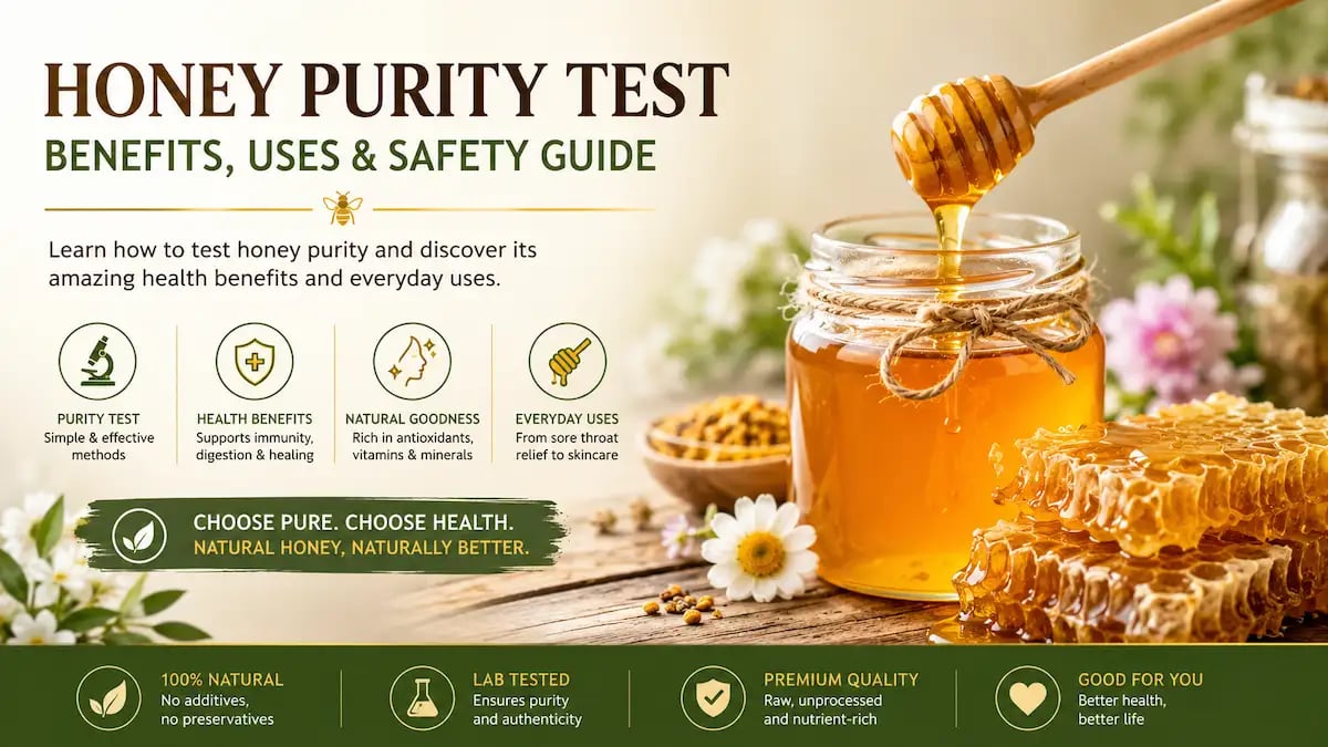 Pure natural honey in a glass jar with honey dipper showing honey purity test