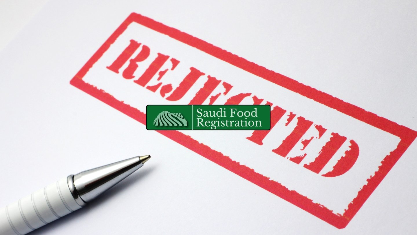 Saudi Food Registration Logo with Rejected on white paper with pen on background