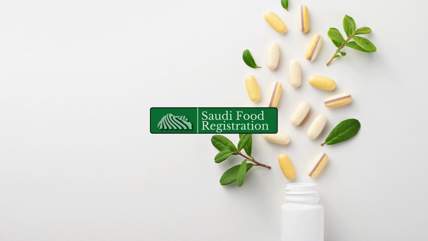 Saudi Food Registration Logo with food supplements background