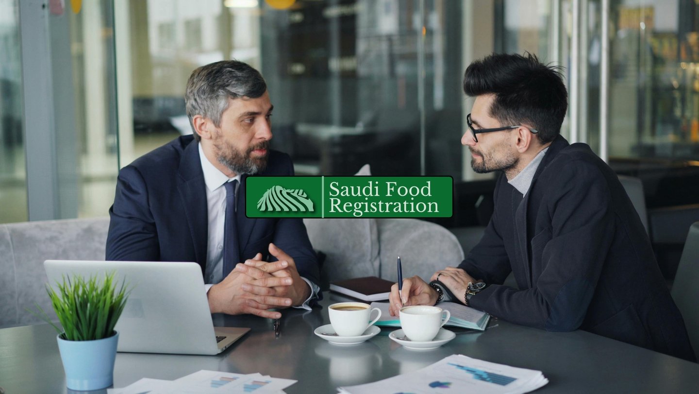 Business meeting illustrating free SFDA consultation KSA for food registration guidance.