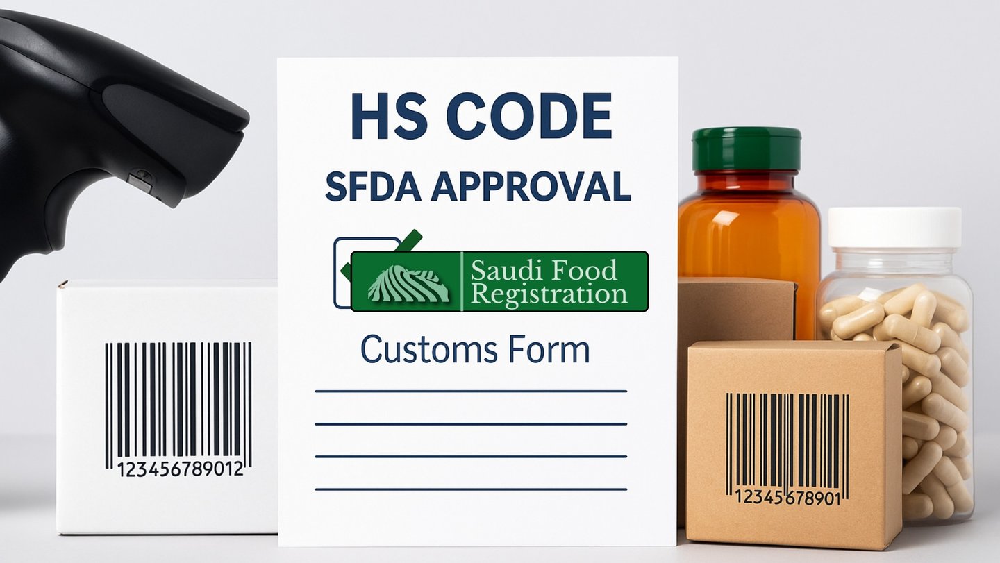 SFDA customs form with HS Code approval beside supplement bottles, boxes, and barcode scanner on a clean background.