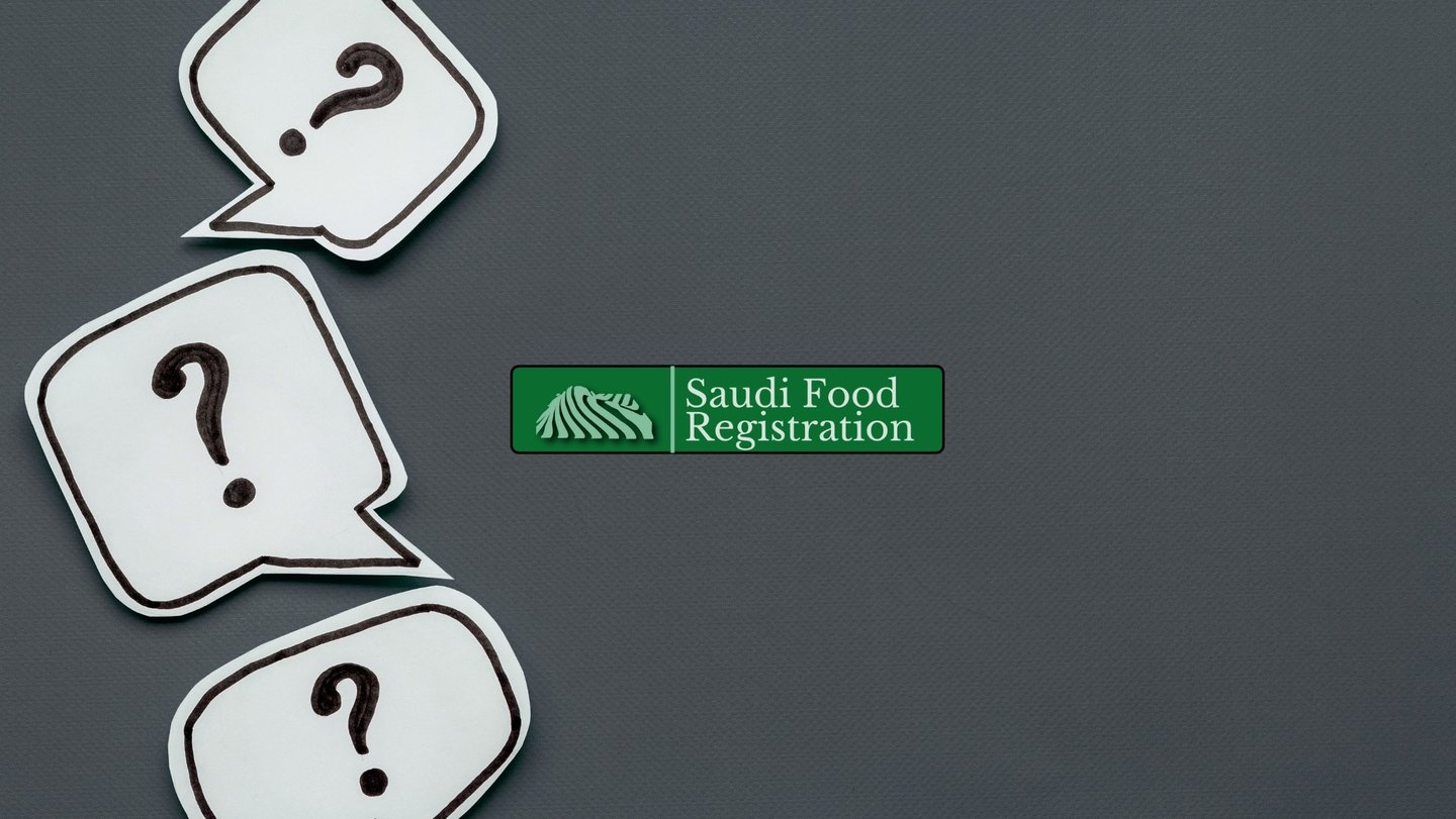 Saudi Food Registration logo with question icons representing SFDA registration FAQs in Saudi Arabia.