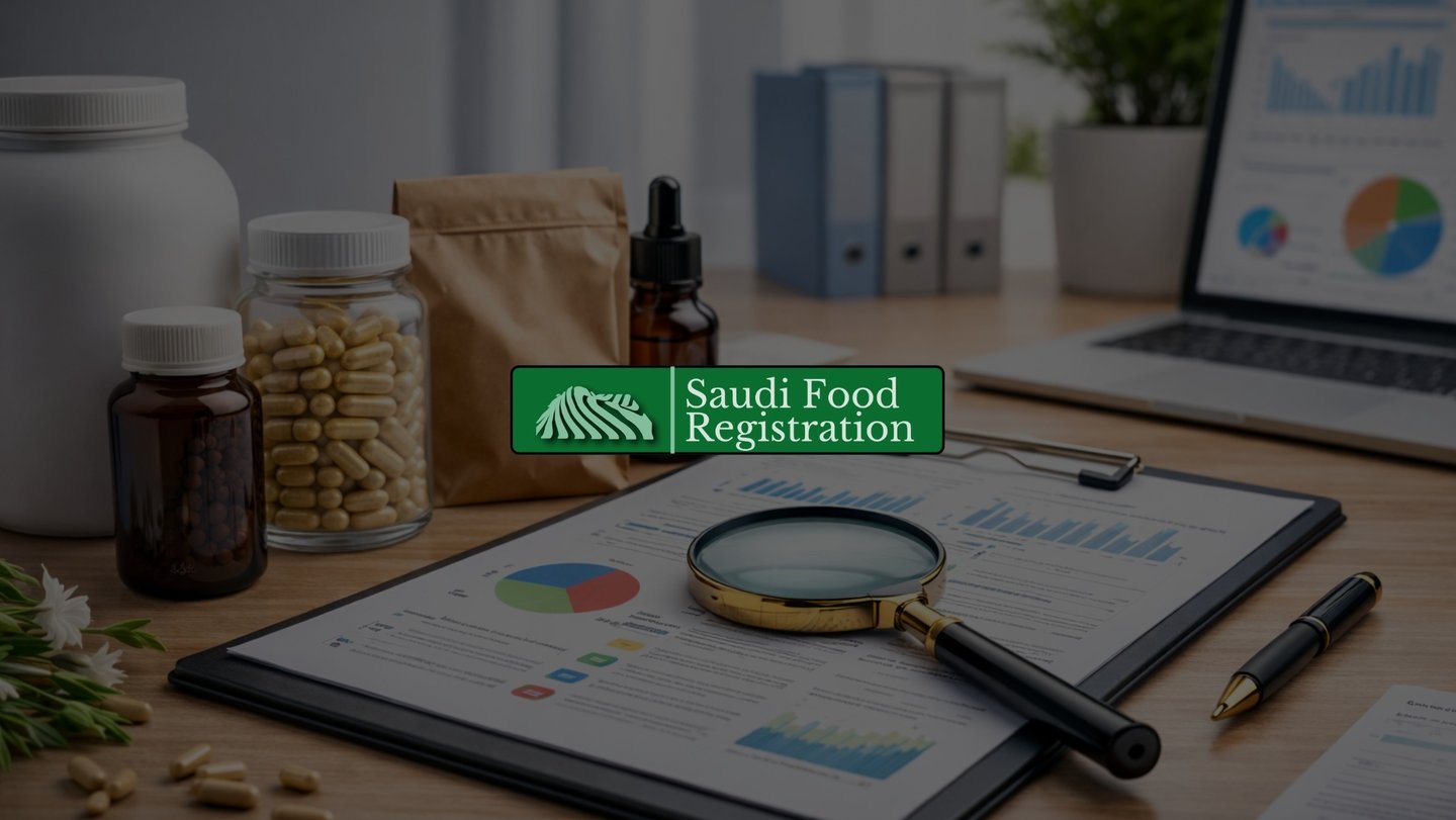 Regulatory compliance workspace with product samples, clipboard reports, and laptop analytics on a clean desk