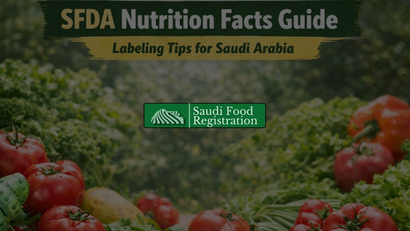 SFDA nutrition facts guide showing food labeling tips for Saudi Arabia with fresh vegetables with Saudi Food Registration