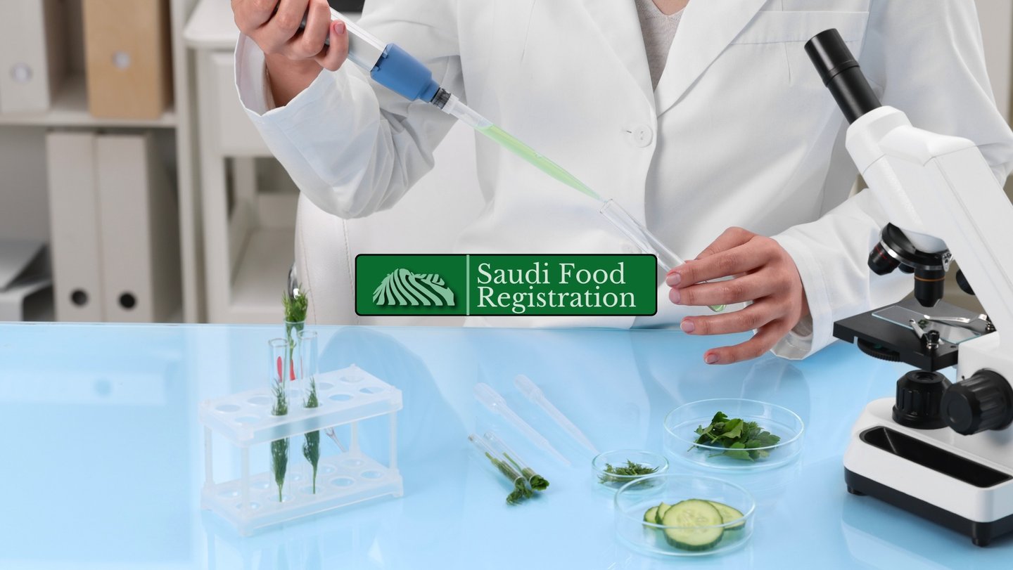 Saudi Food Registration logo overlay with inspector hands checking food product labels