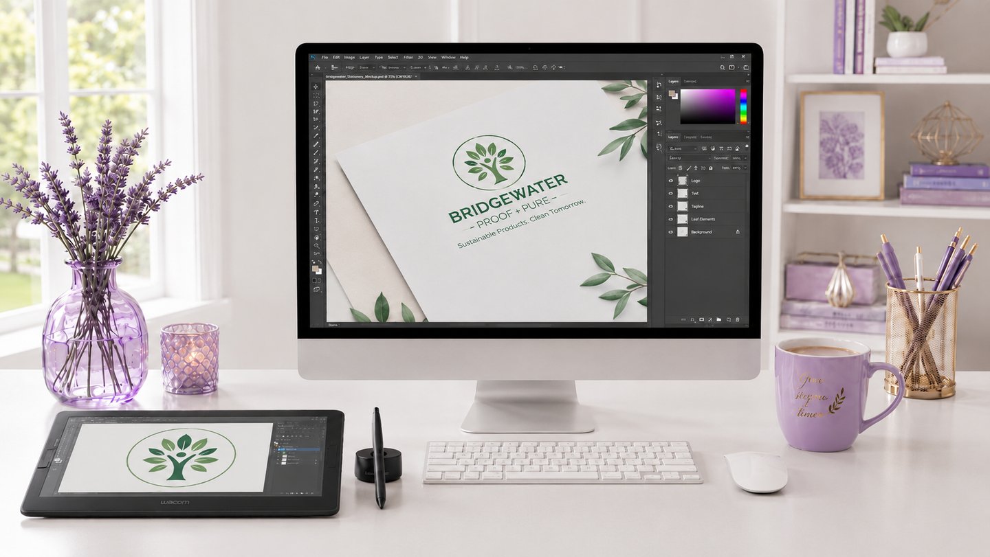 Minimalist creative workspace with lavender accents wacom tablet and pc for logo design