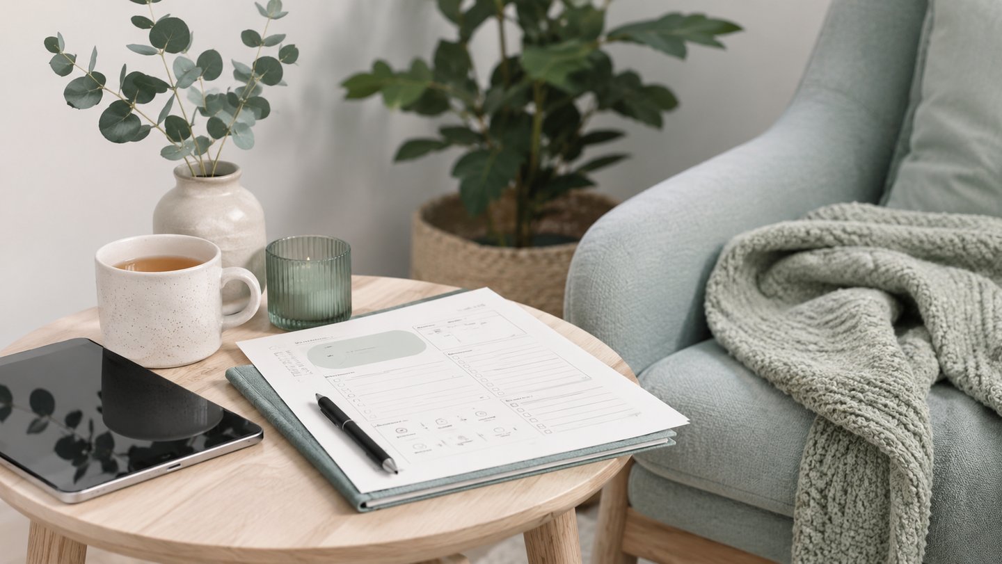 Daily planner on a side table with a cup of tea, tablet, and eucalyptus in a cozy living room.