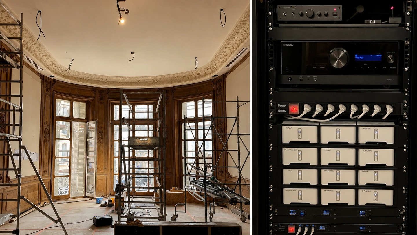 Travaux d’installation d’un réseau connecté dans un grand appartement haussmannien