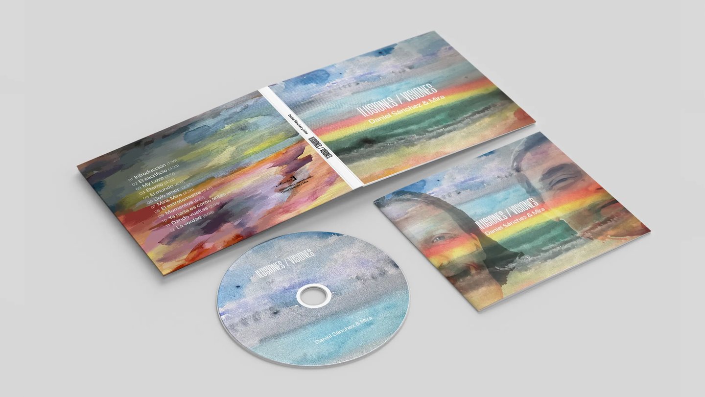 Proyecto del digipack al completo por piezas sobre fondo gris