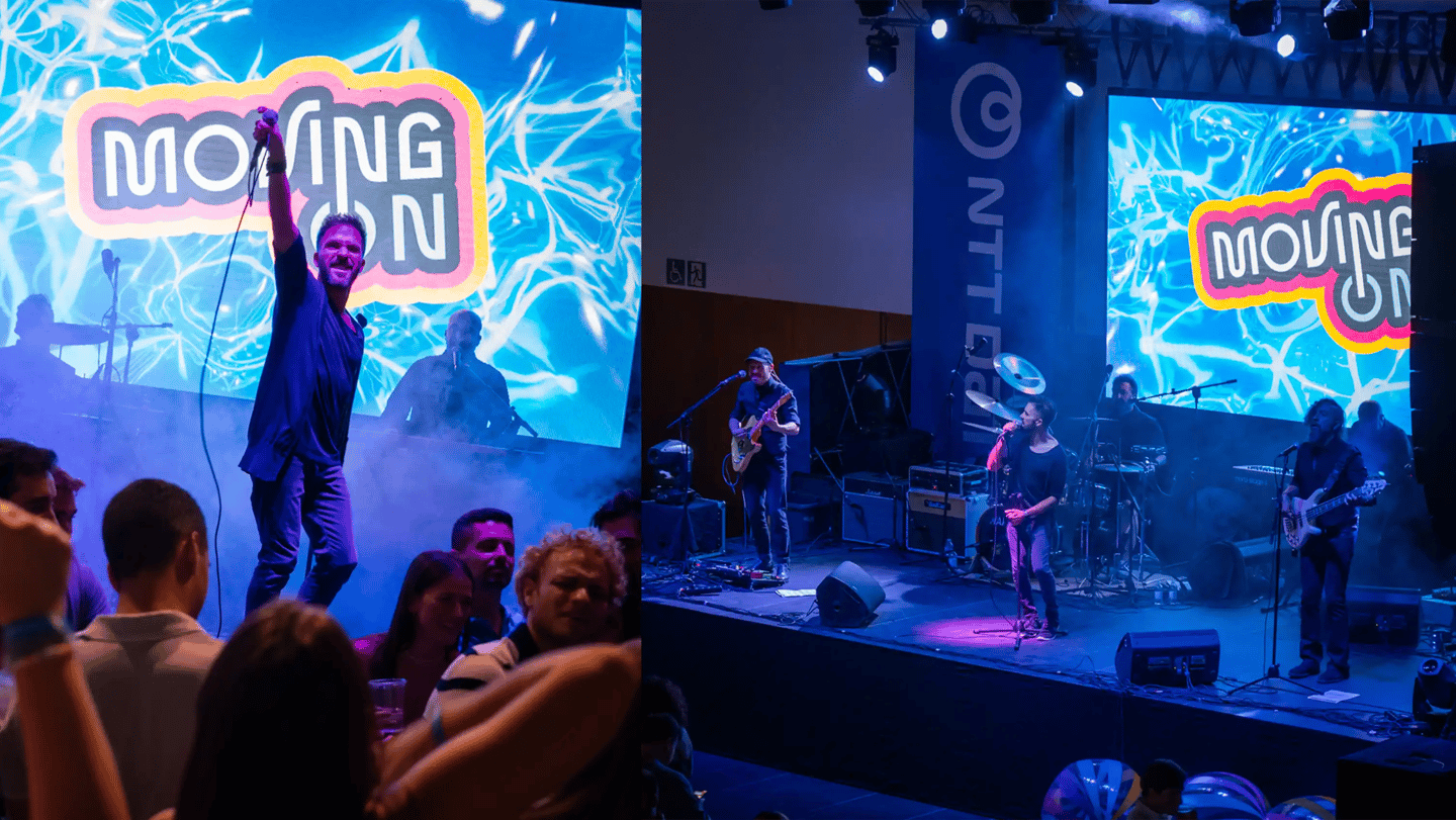 Collage de los músicos de Moving On tocando en directo y el logo proyectado en pantalla