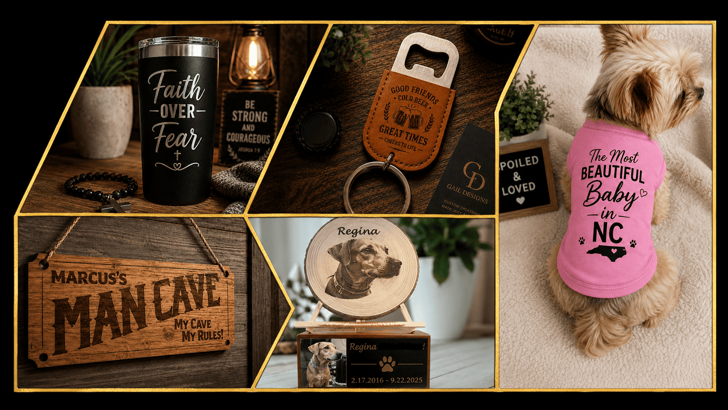 Custom engraved gifts including a personalized dog shirt, leather keychain, and wood man cave sign.