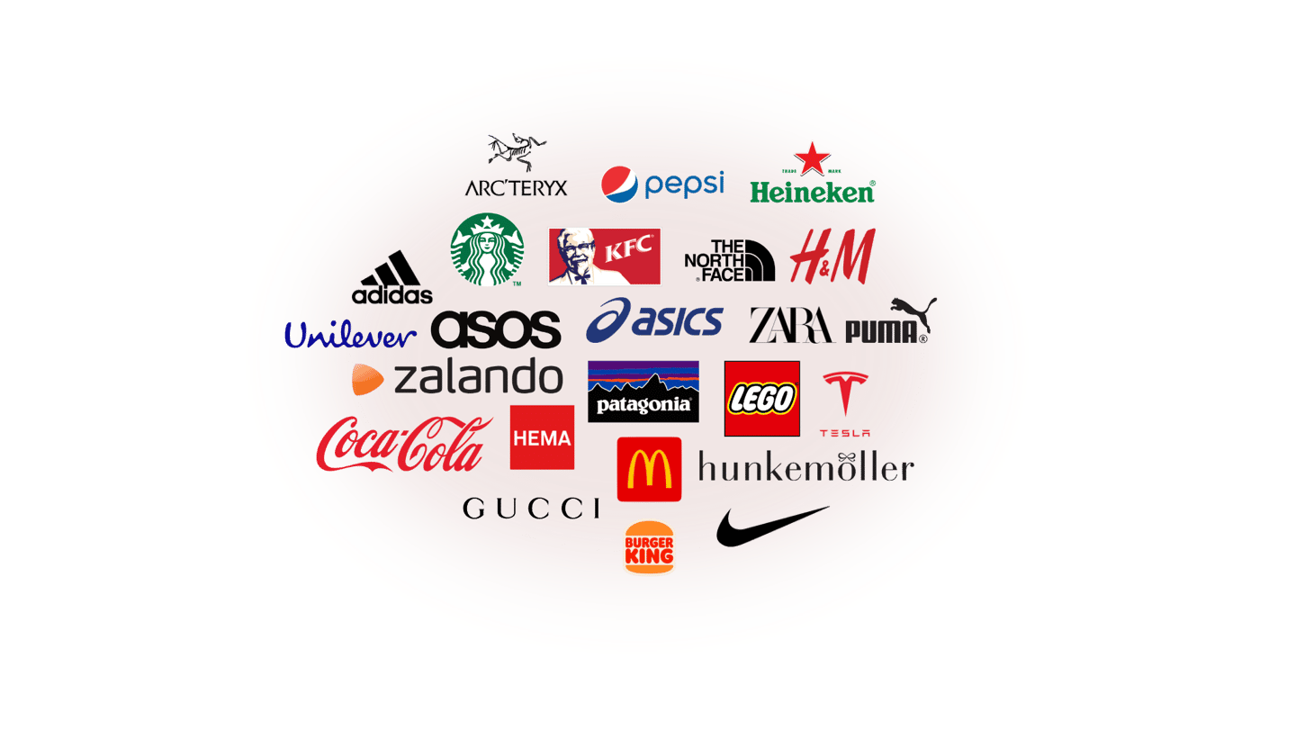 A collection of famous global brand logos including Nike, Coca-Cola, Starbucks, and Adidas.