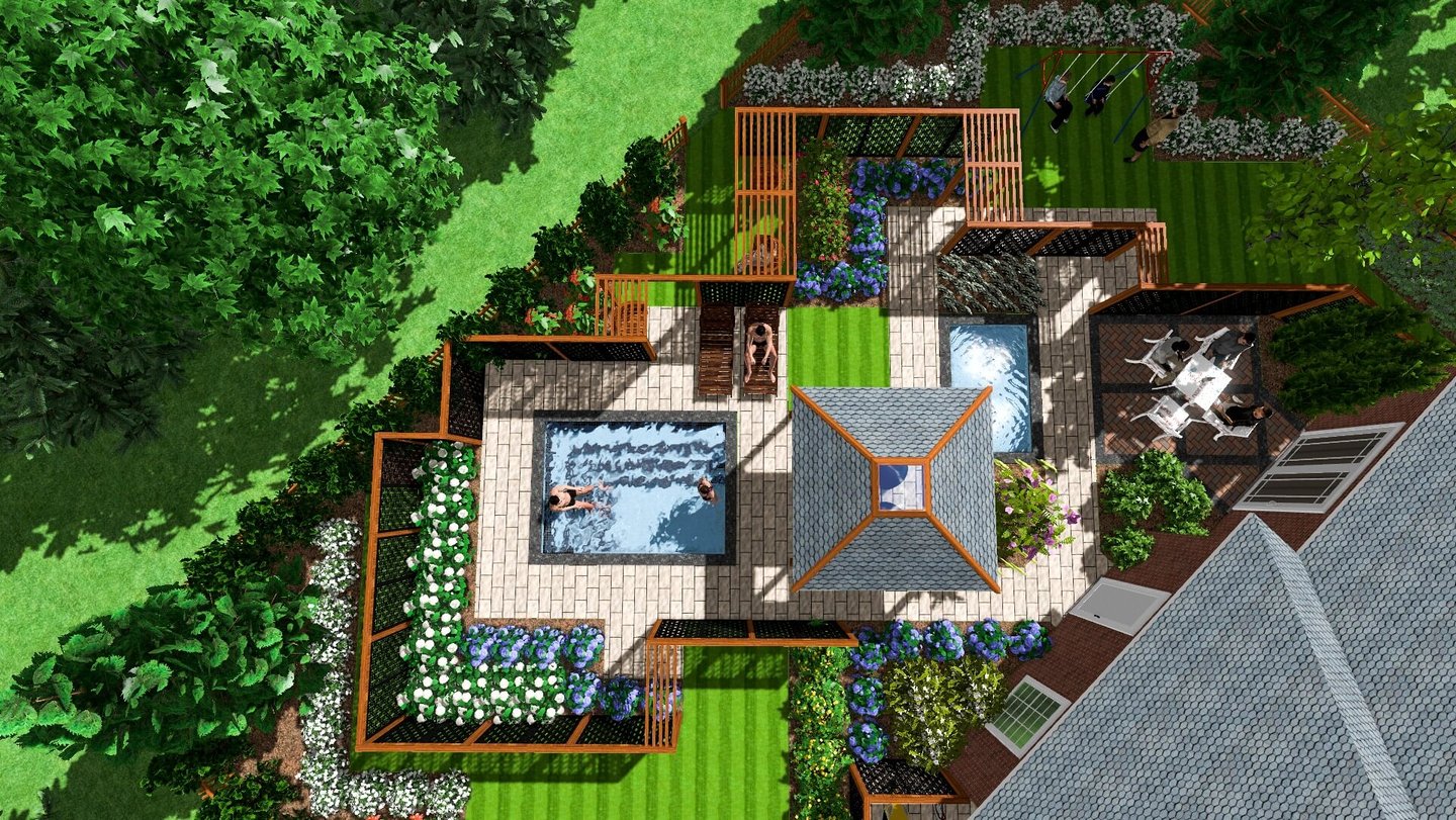 Aerial 3D rendering of a luxury backyard landscape design with a pool, gazebo, and patio.