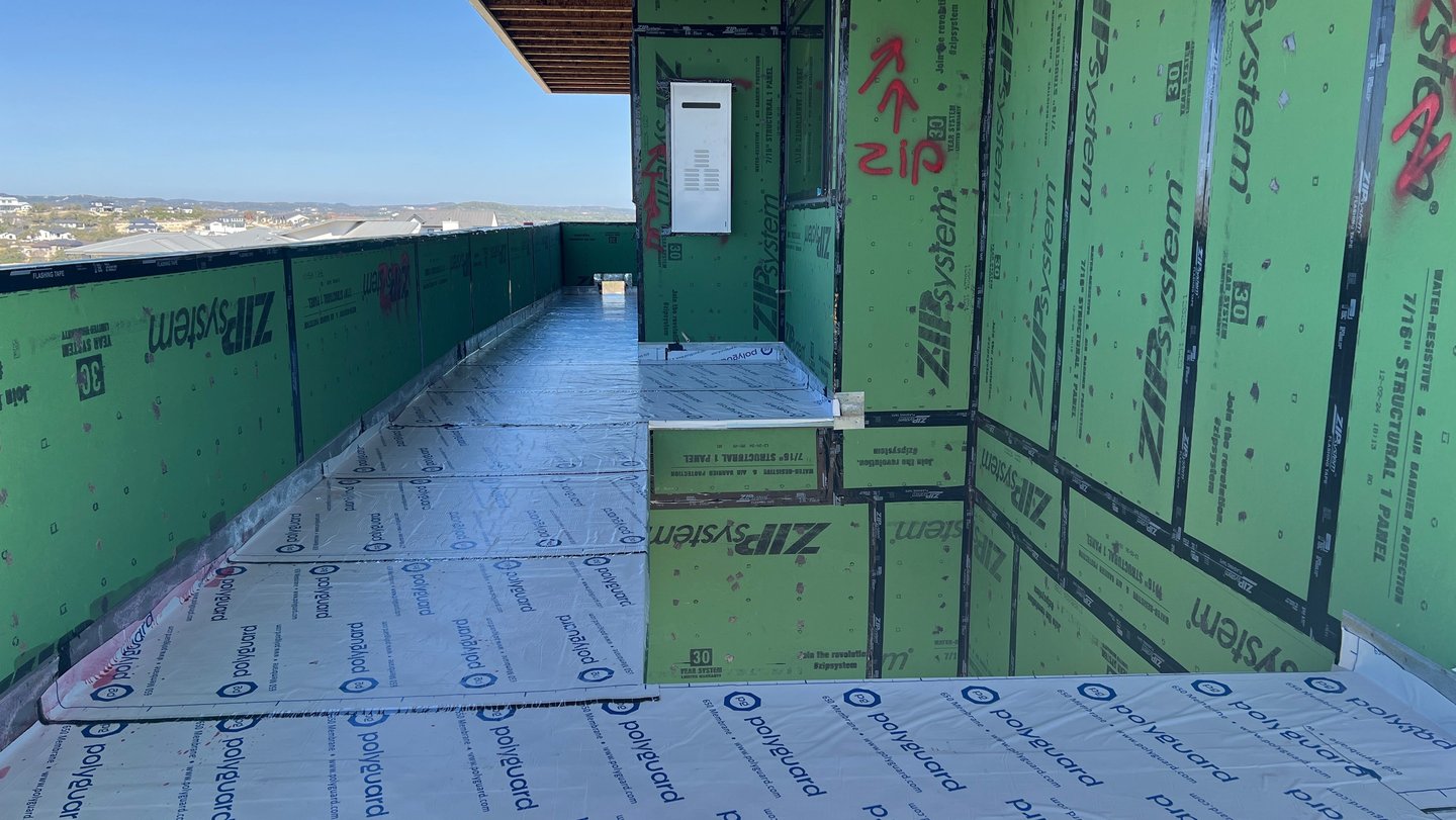 Balcony deck waterproofed before pour 1-1/2" of concrete.