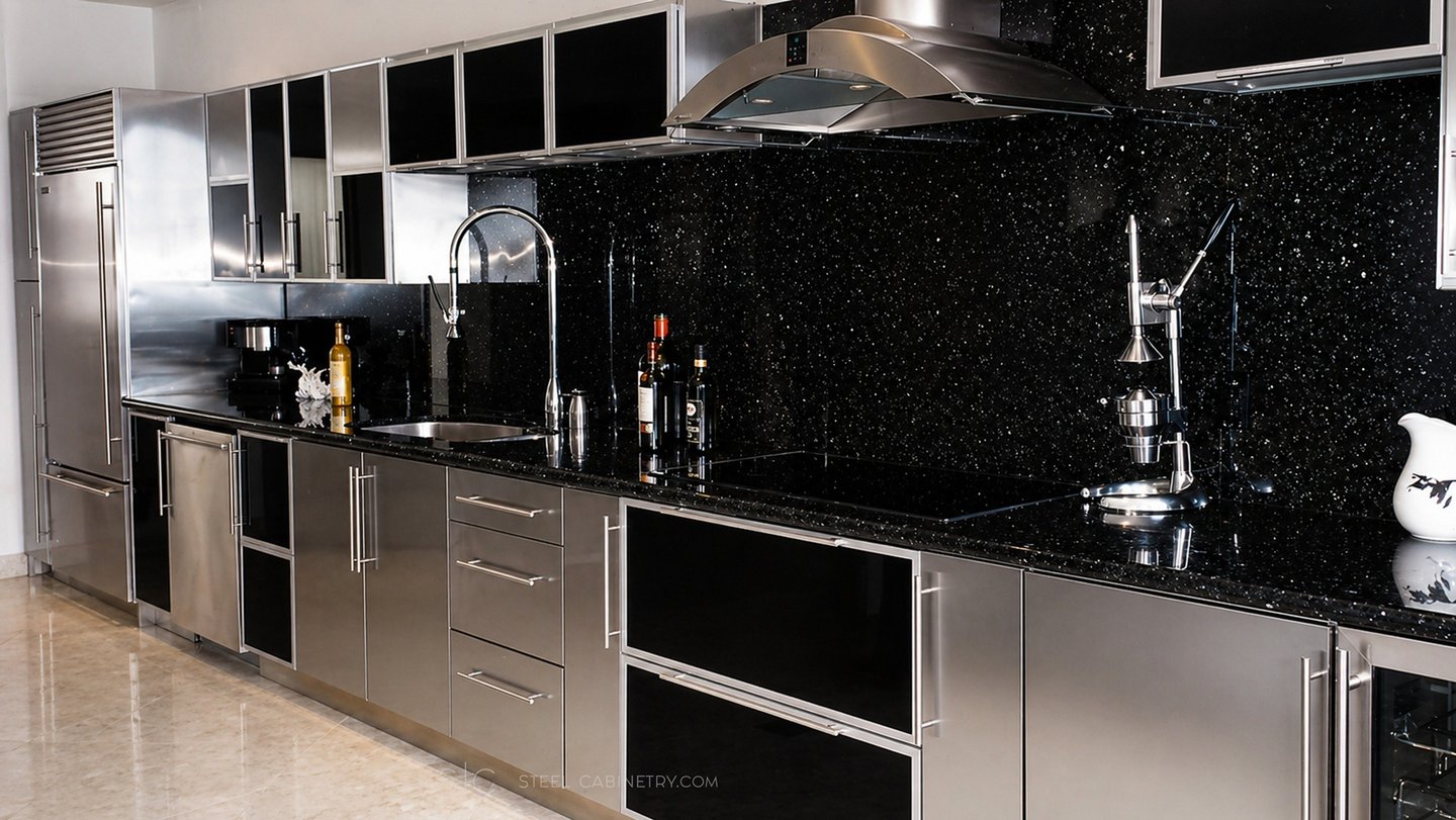 modern kitchen with stainless steel and black surfaces
