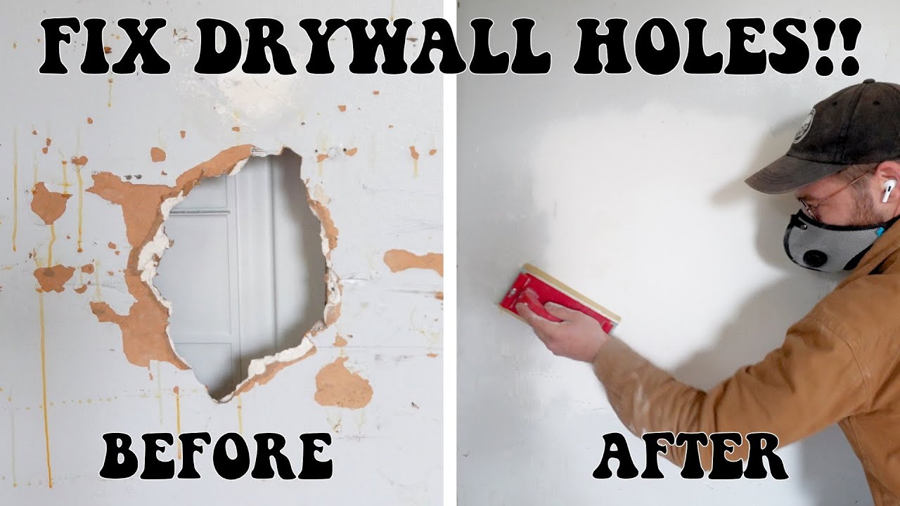 Before and after comparison of a man using a hand sander to fix a large drywall hole in a wall.