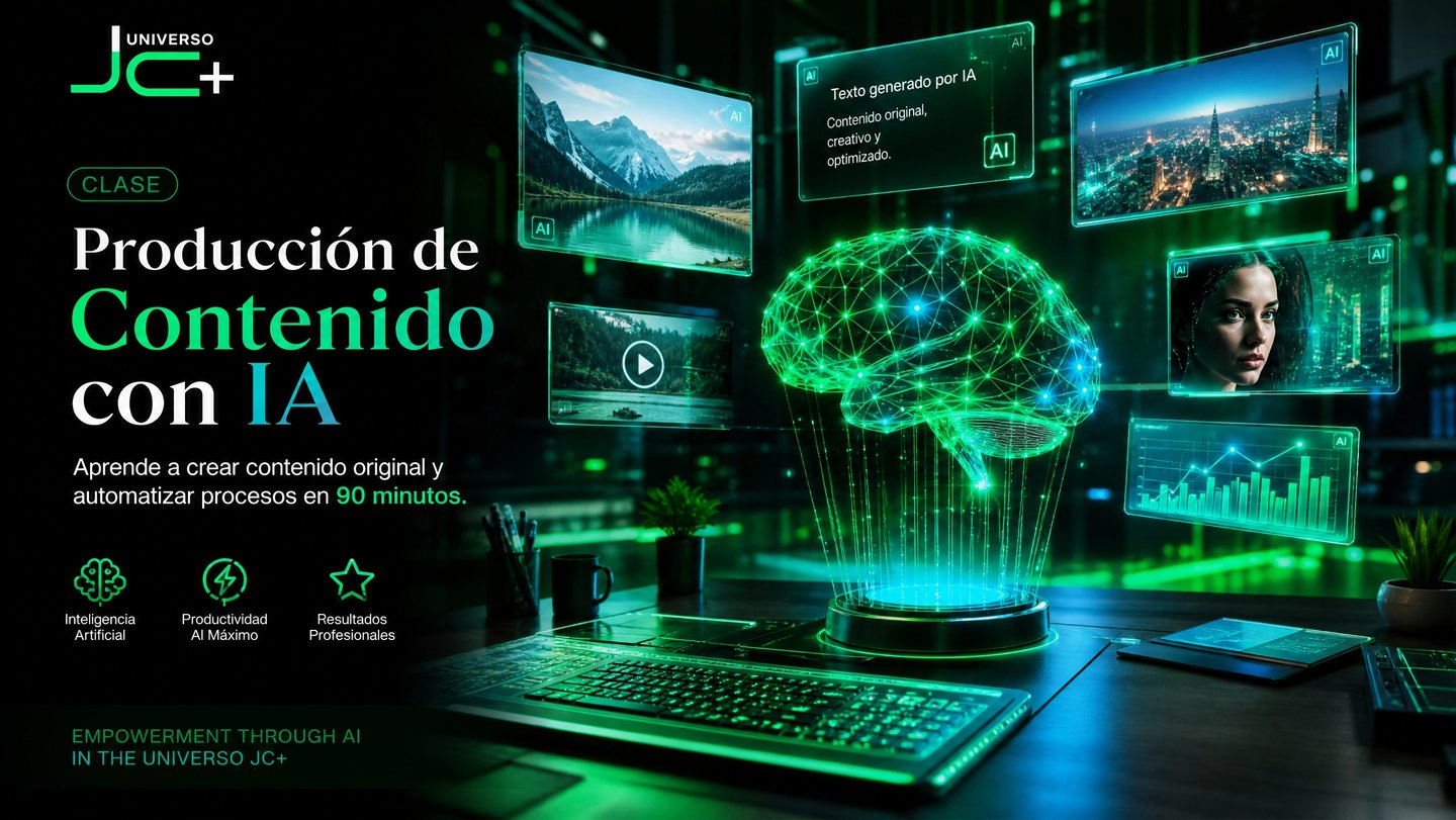 Digital brain hologram on a desk promoting an AI content production course with futuristic screens.
