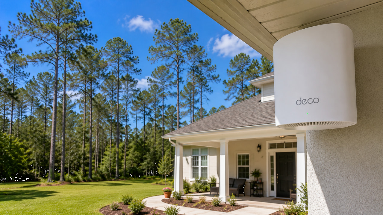 A white Deco outdoor mesh WiFi extender mounted on a house wall overlooking a sunny backyard.