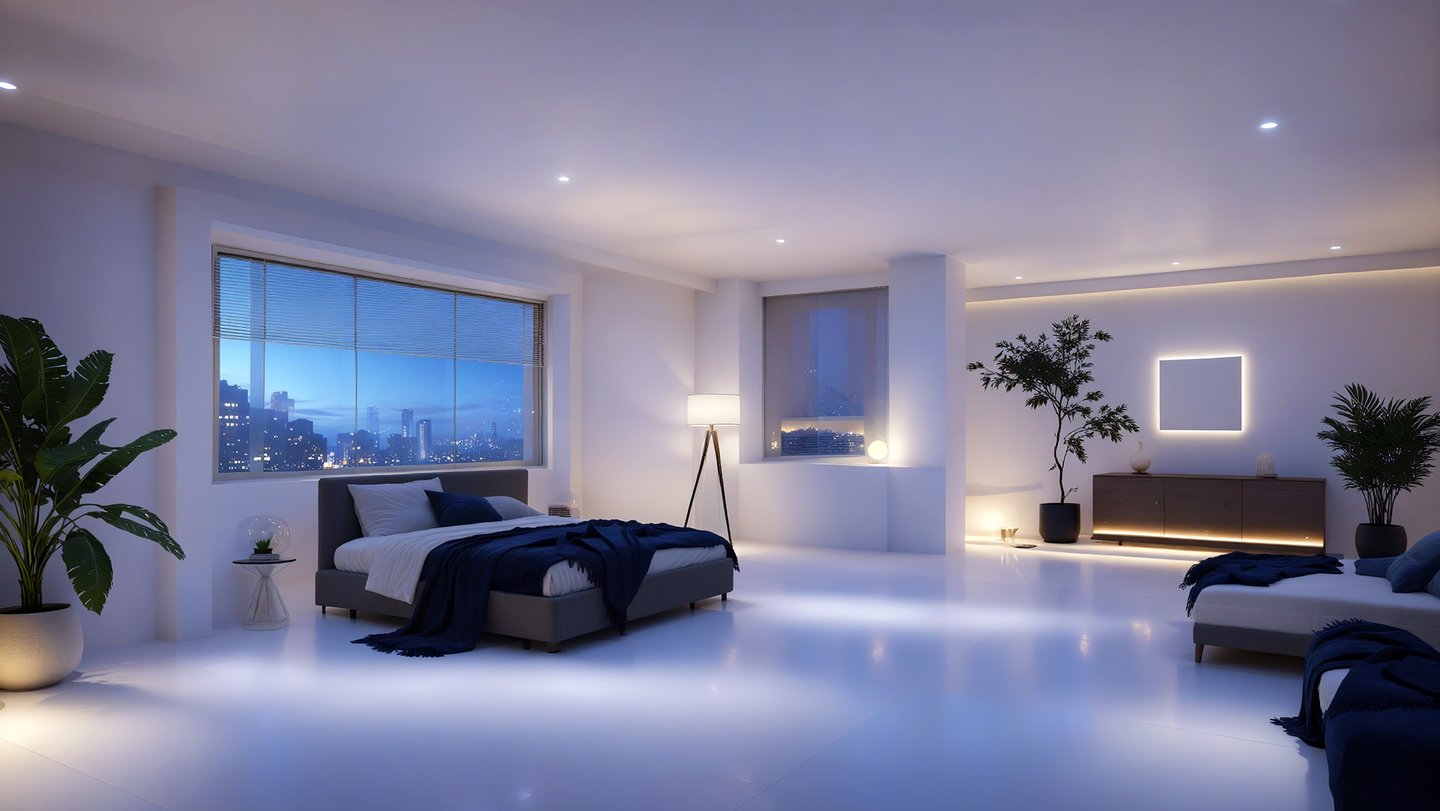 3D render of a modern bedroom suite with city view