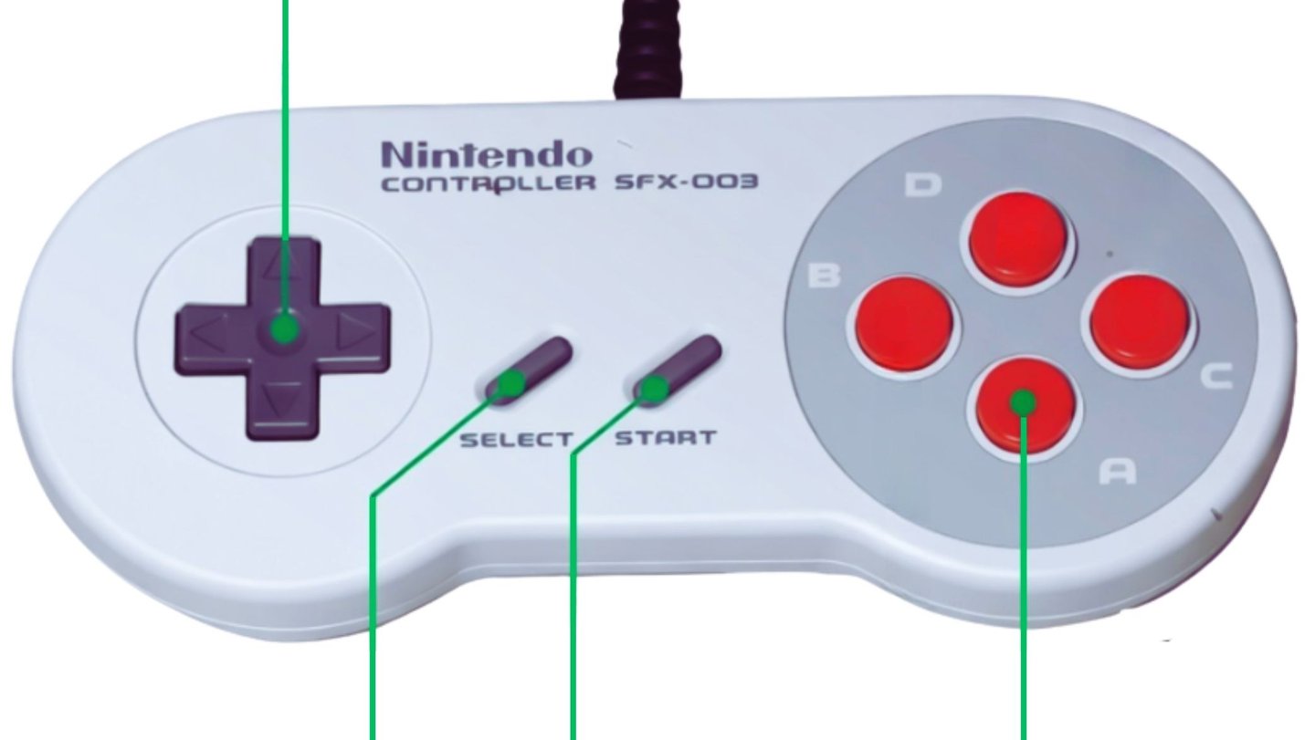 Controle Super Famicom protótipo 1988 com 4 botões "ABCD"