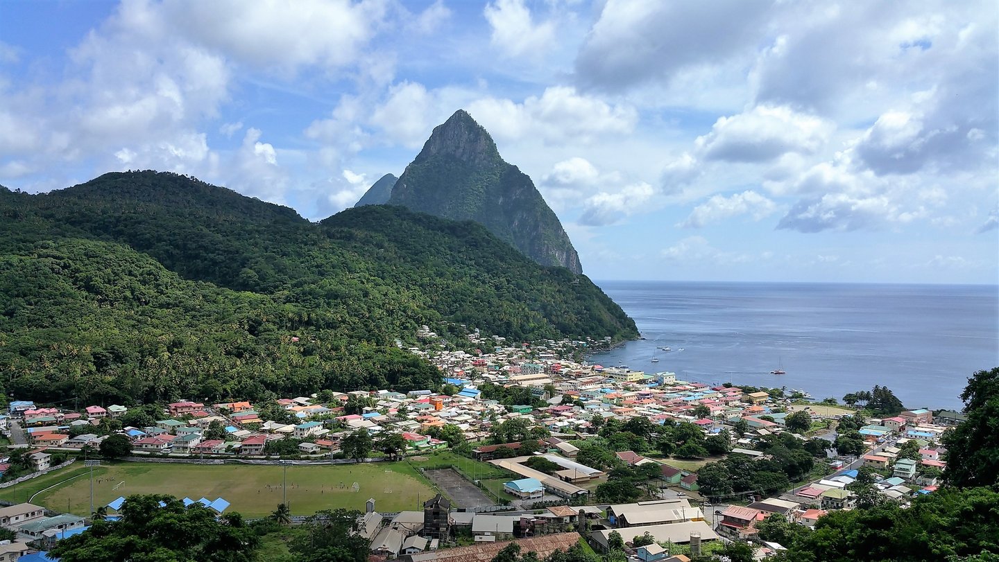 Soufriere, St. Lucia with the Pitons rising beyond