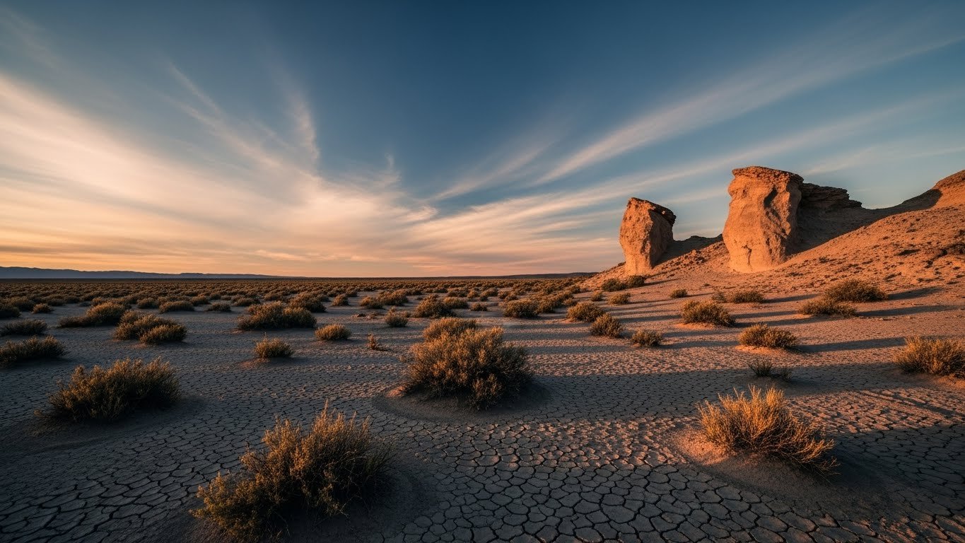 a desert landscape with a few rocks and a few bushes